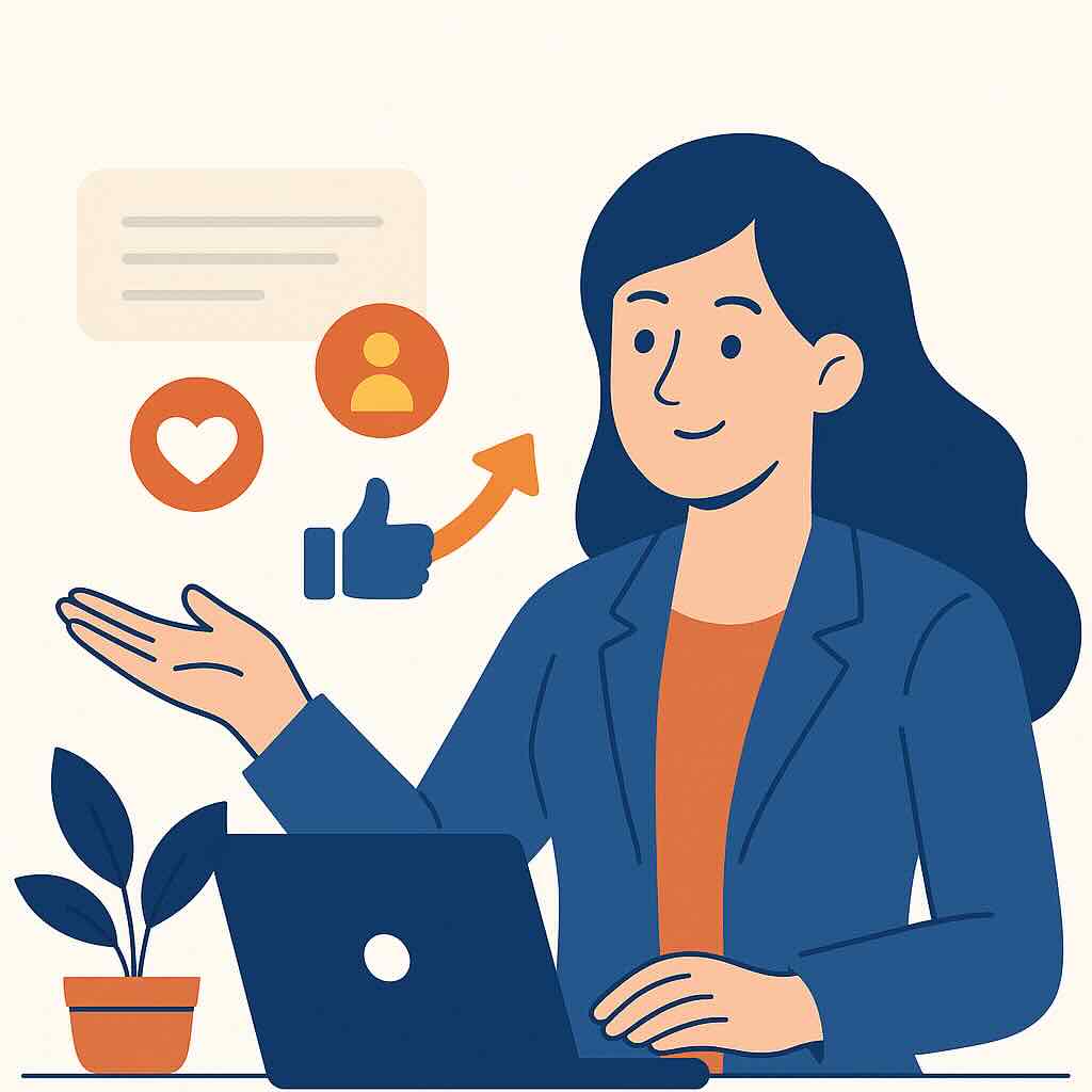 Illustrazione donna social media manager con icone digitali per gestione social aziendale