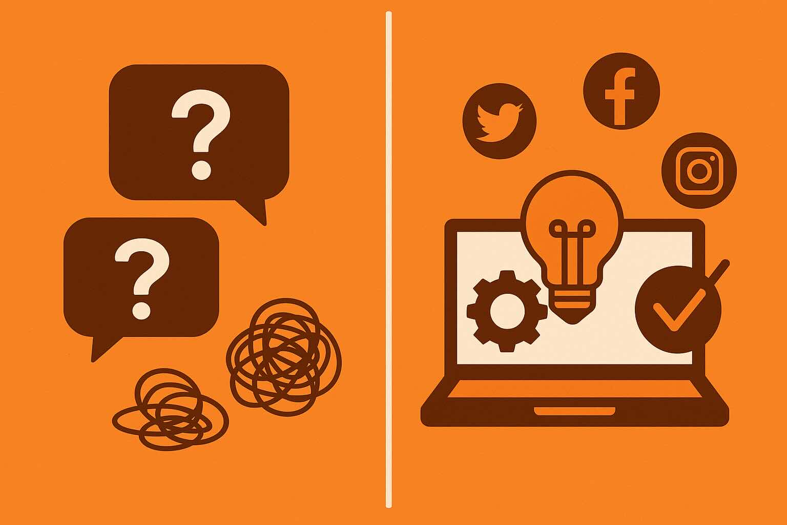 Illustrazione che rappresenta problemi e soluzioni nella gestione social aziendale, con simboli digitali su sfondo arancione