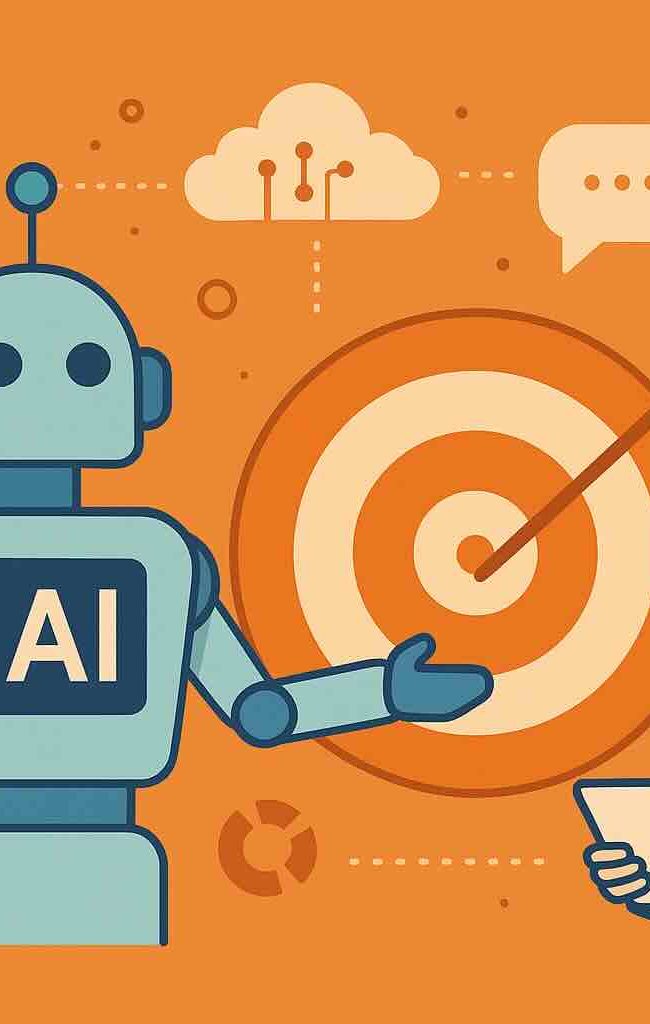 Illustrazione digitale su sfondo arancione che rappresenta l’evoluzione del marketing digitale nel 2025 e l’uso dell’intelligenza artificiale