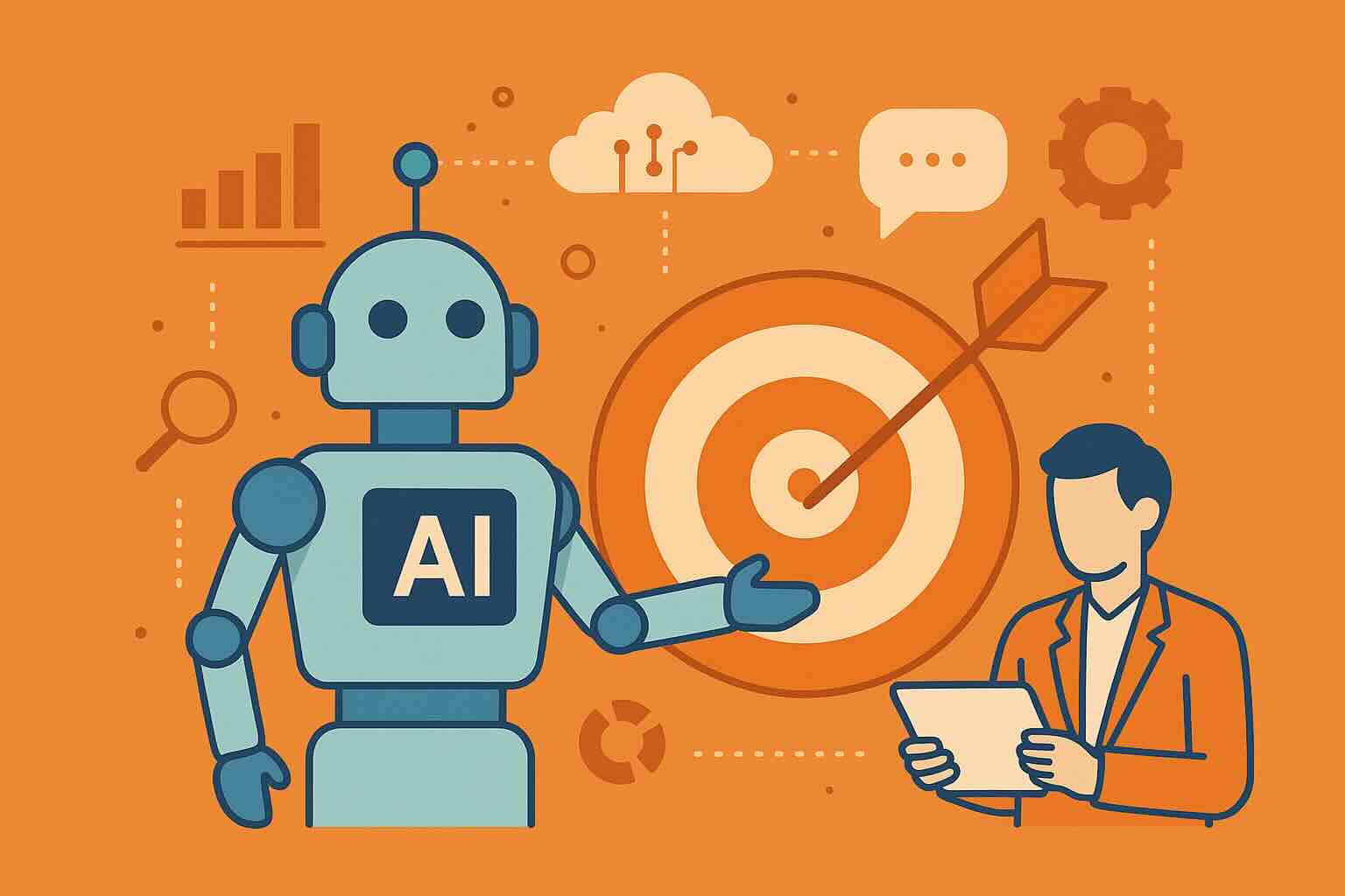 Illustrazione digitale su sfondo arancione che rappresenta l’evoluzione del marketing digitale nel 2025 e l’uso dell’intelligenza artificiale