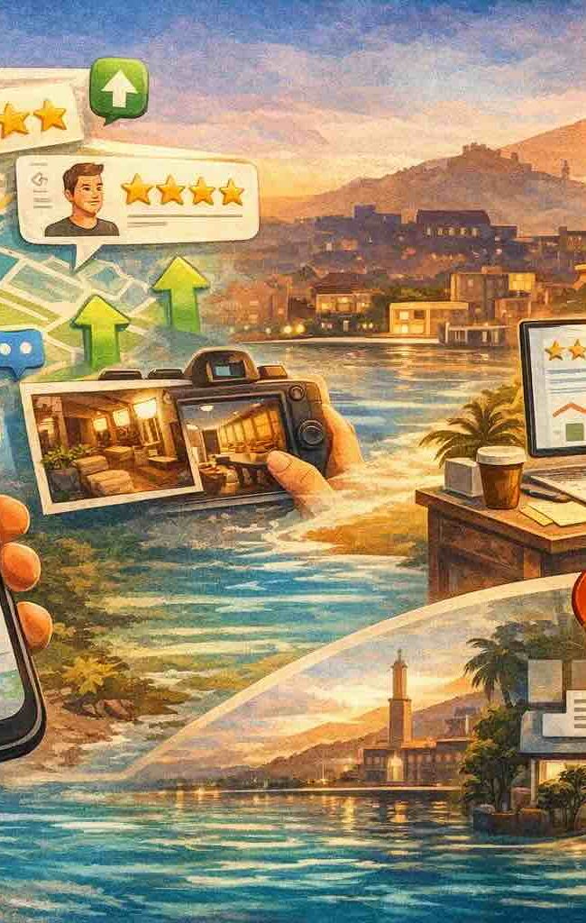 Illustrazione su Google Business Profile: Google Maps, recensioni e crescita contatti per attività locali a Genova.