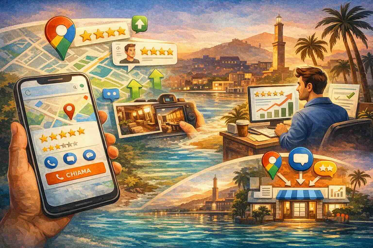 Illustrazione su Google Business Profile: Google Maps, recensioni e crescita contatti per attività locali a Genova.
