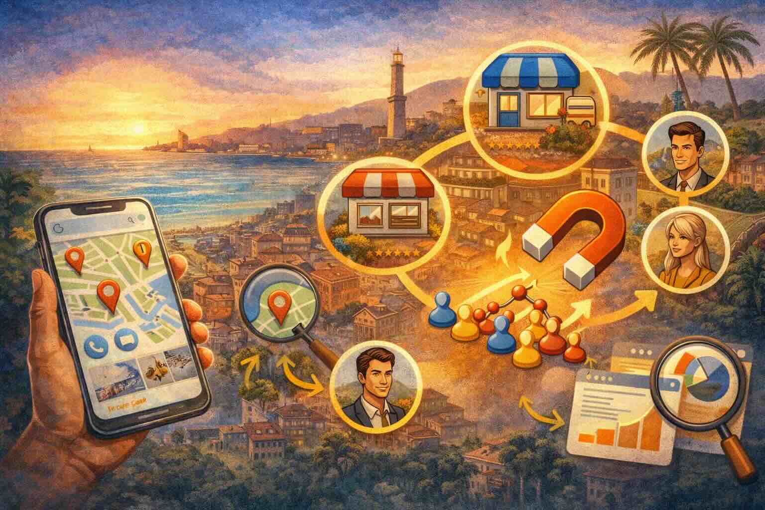 Illustrazione su Google Maps: quartieri, competitor locali e strategia per aumentare clienti a Genova.
