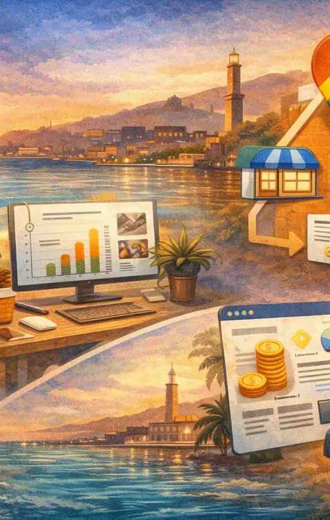 Illustrazione su SEO locale: Google Maps, scheda attività e recensioni per aumentare clienti a Genova.