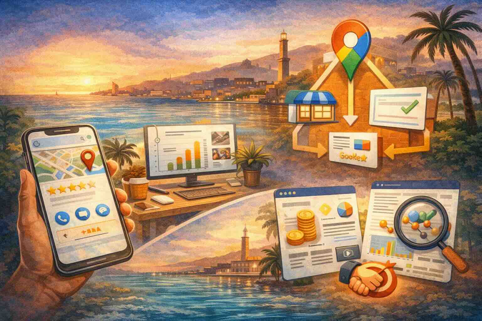 Illustrazione su SEO locale: Google Maps, scheda attività e recensioni per aumentare clienti a Genova.