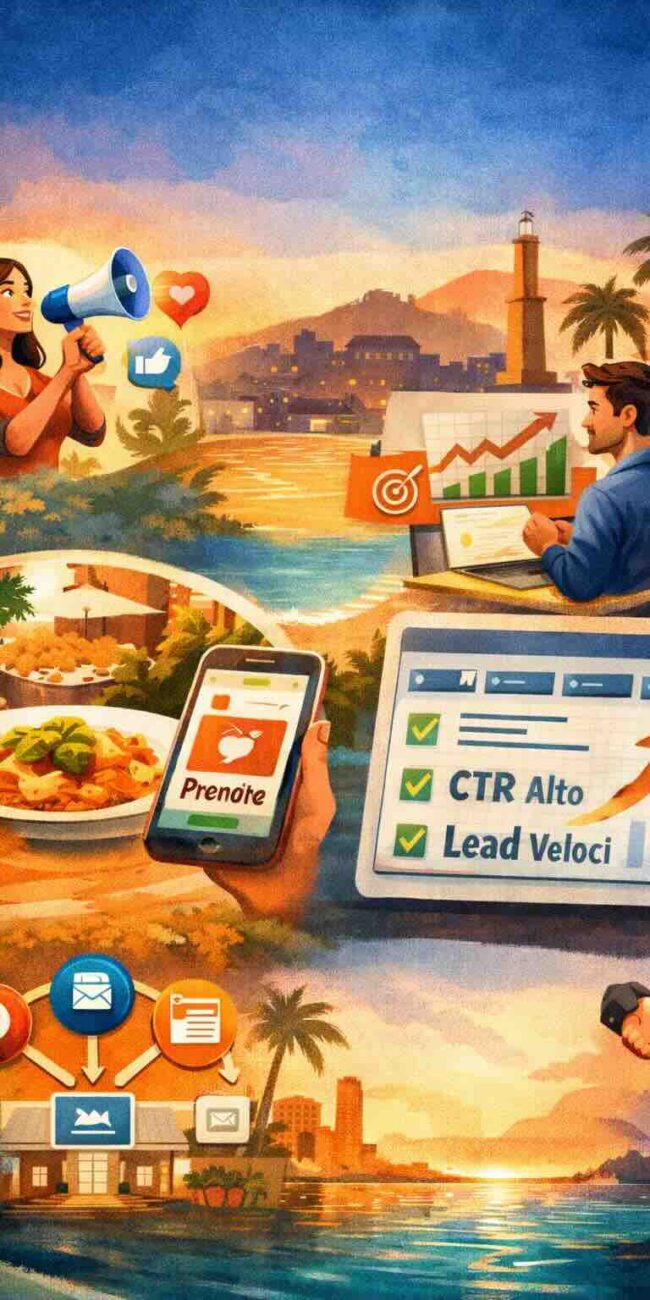 Illustrazione di strategia social e advertising per aziende locali a Genova con analisi performance e crescita contatti.