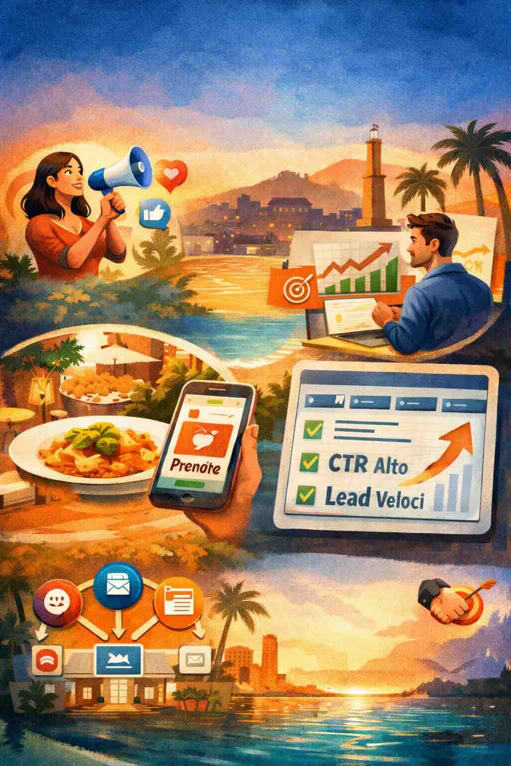 Illustrazione di strategia social e advertising per aziende locali a Genova con analisi performance e crescita contatti.