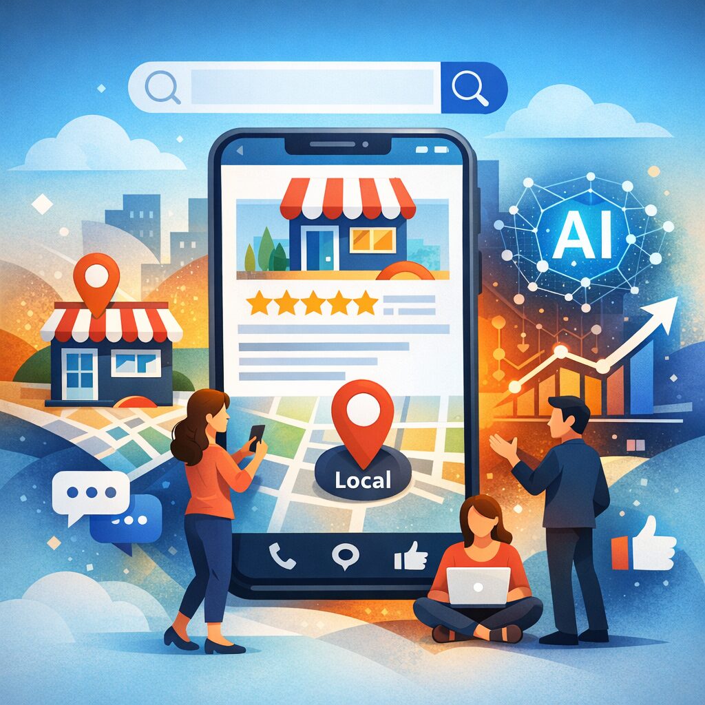 Illustrazione di un pin su una mappa con stelle e icone che rappresenta l’ottimizzazione del Google Business Profile