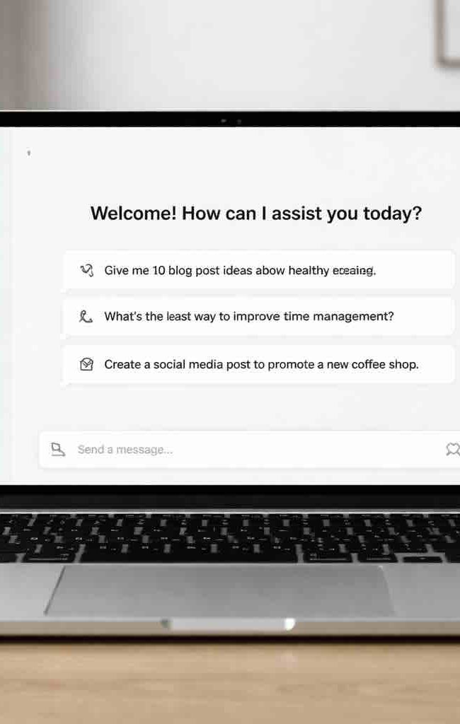 Laptop con interfaccia di intelligenza artificiale usato per rappresentare la visibilità sui motori di ricerca AI come ChatGPT e Google AI.