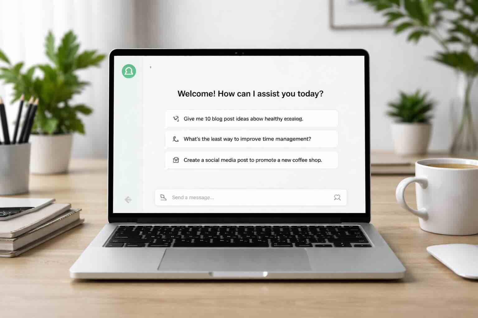 Laptop con interfaccia di intelligenza artificiale usato per rappresentare la visibilità sui motori di ricerca AI come ChatGPT e Google AI.
