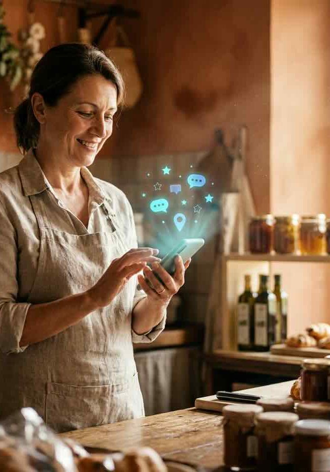 Laptop con interfaccia di intelligenza artificiale e smartphone con mappa per rappresentare l’uso dell’AI nelle attività locali.