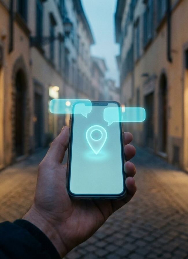 Computer con interfaccia AI e smartphone con ricerca locale per rappresentare la visibilità di un’attività locale su ChatGPT e Google AI.