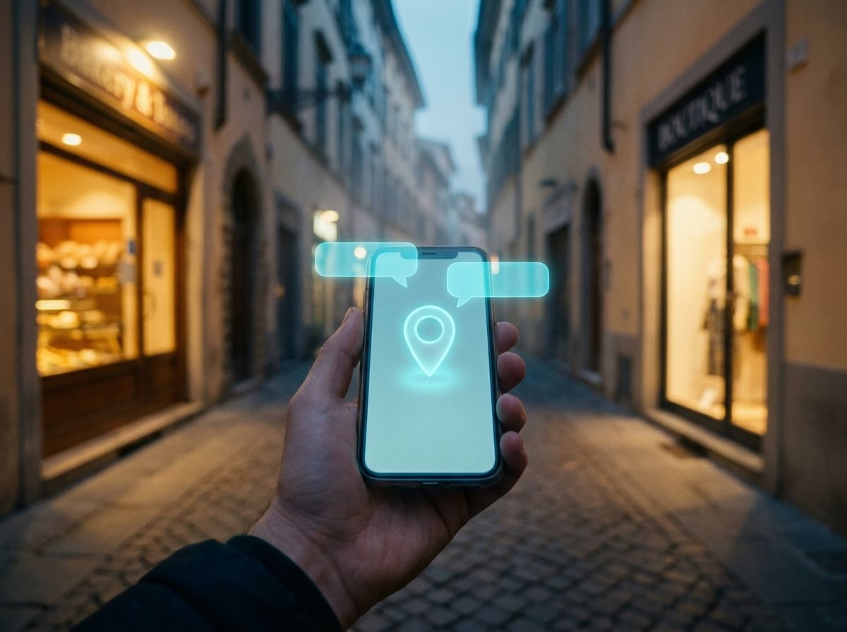 Computer con interfaccia AI e smartphone con ricerca locale per rappresentare la visibilità di un’attività locale su ChatGPT e Google AI.