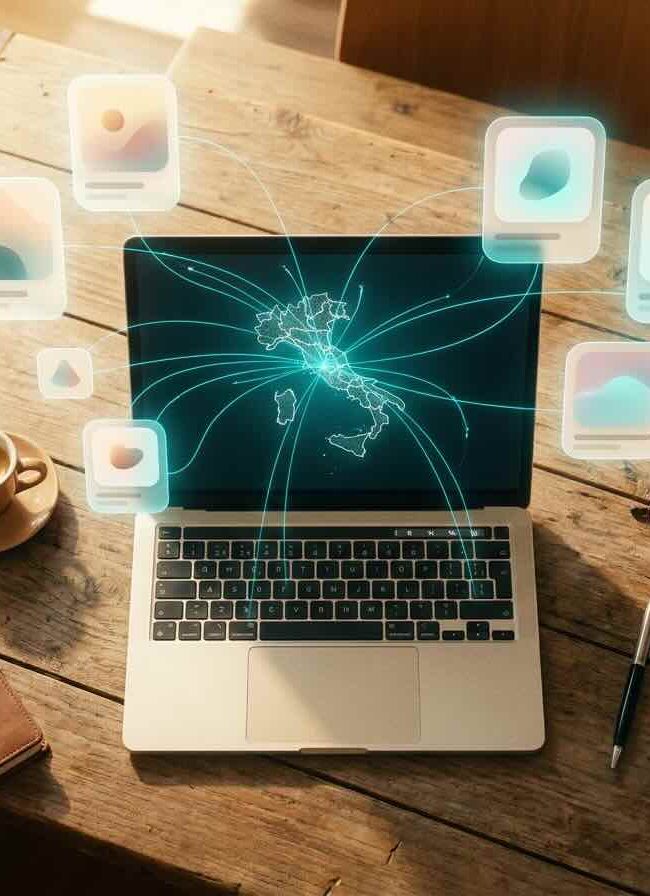 Dashboard digitale con riferimenti a profili online, geolocalizzazione e presenza web per rappresentare directory e citazioni SEO locali.