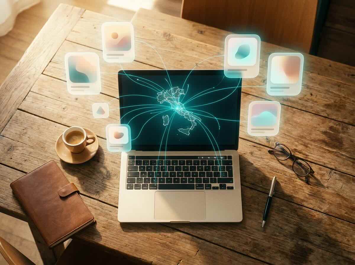 Dashboard digitale con riferimenti a profili online, geolocalizzazione e presenza web per rappresentare directory e citazioni SEO locali.