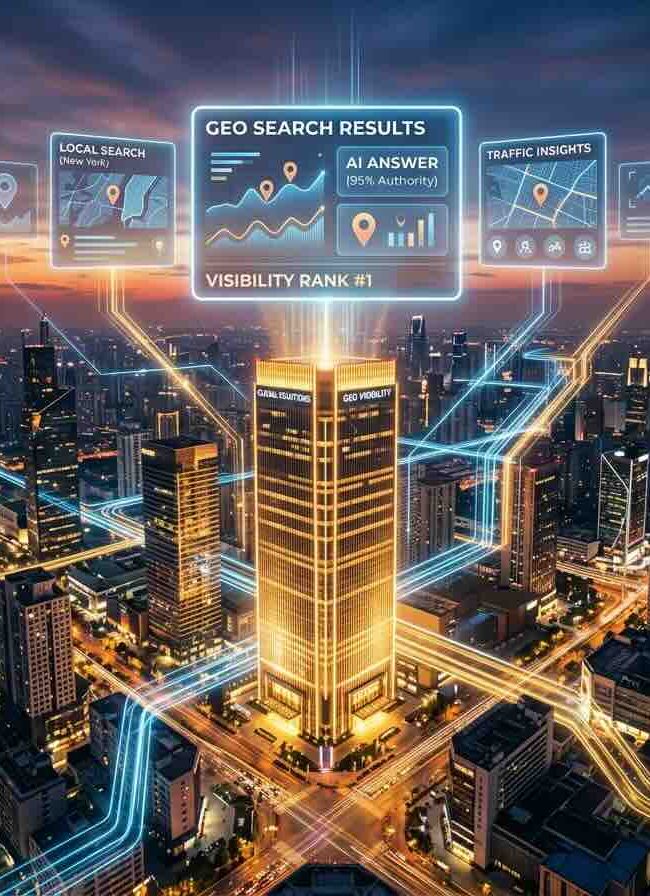 Laptop con interfaccia di ricerca basata su intelligenza artificiale che rappresenta la GEO per aziende e la visibilità nei motori di ricerca AI.