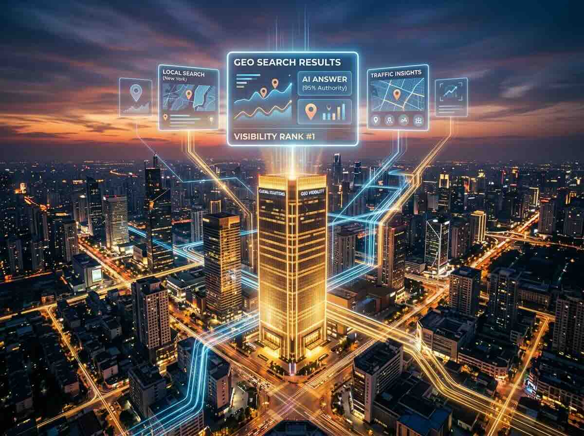 Laptop con interfaccia di ricerca basata su intelligenza artificiale che rappresenta la GEO per aziende e la visibilità nei motori di ricerca AI.